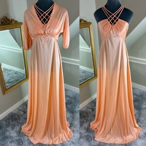 Vintage 70s Peach Cropped Jacket Maxi Prom Party Polyester Dress Nightgown Set